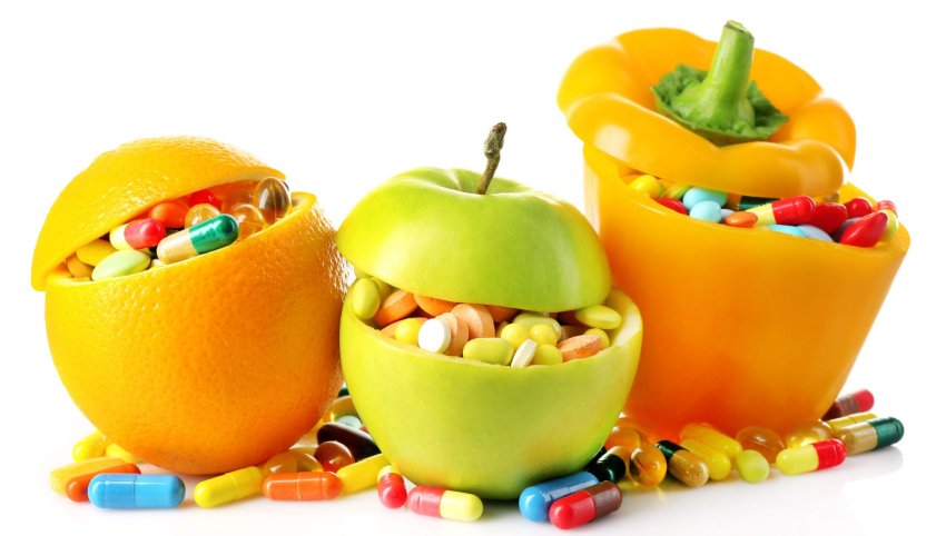fruits filled with vitamin pills