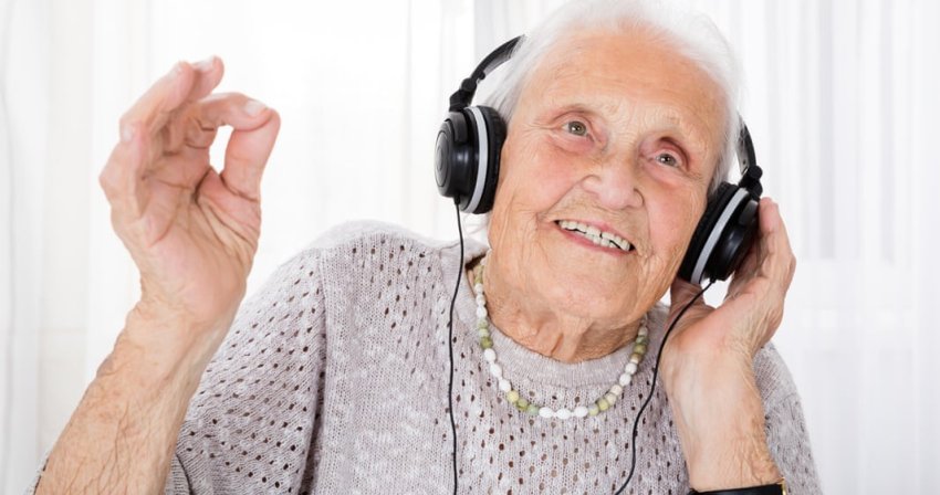 old lady listening to music